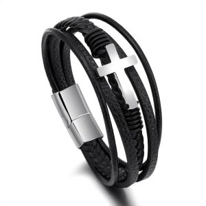 "Braided Bracelet with Silver Cross - Made of Natural Leather"