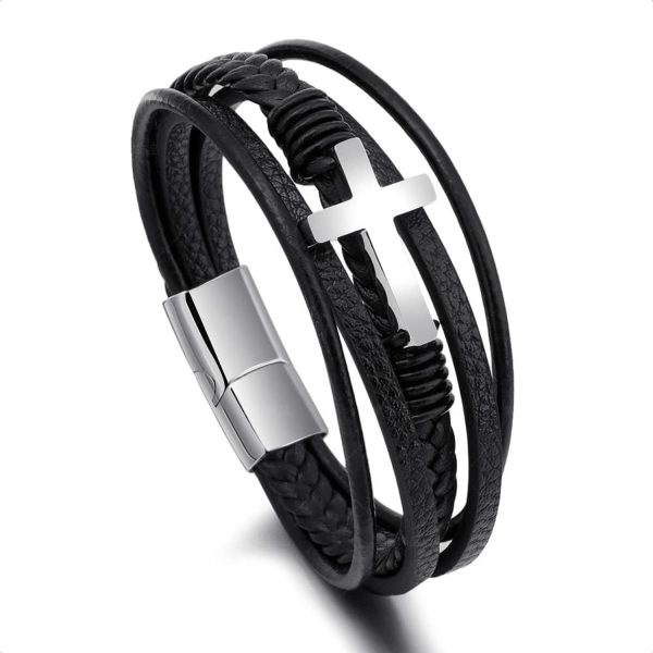 "Braided Bracelet with Silver Cross - Made of Natural Leather"